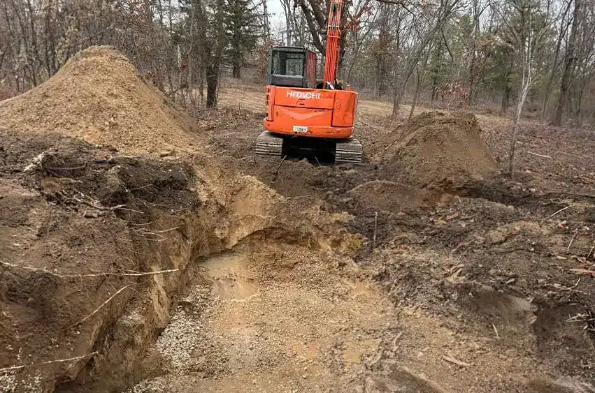 Excavator digging for septic system installation with large dirt piles on both sides of the trench.