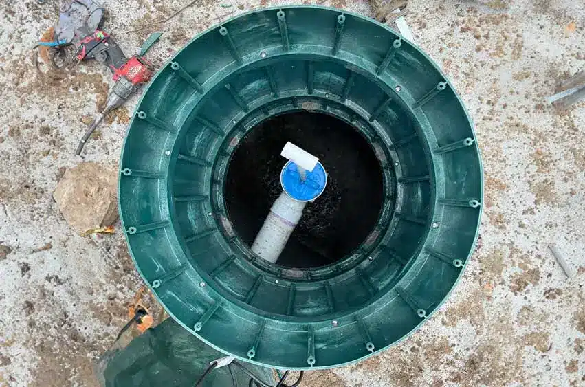 Top-down view of a newly installed septic tank with visible plumbing and electrical conduit.